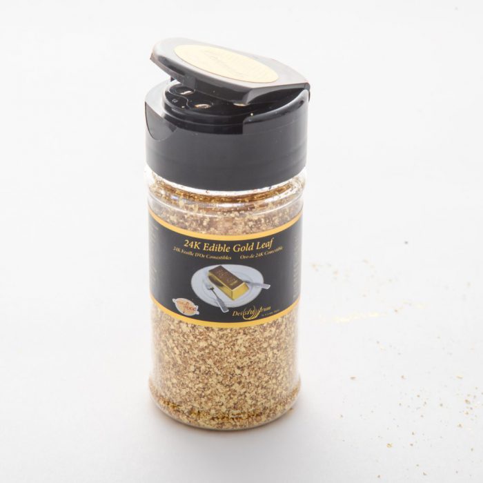 Edible gold crumbs in a shaker.